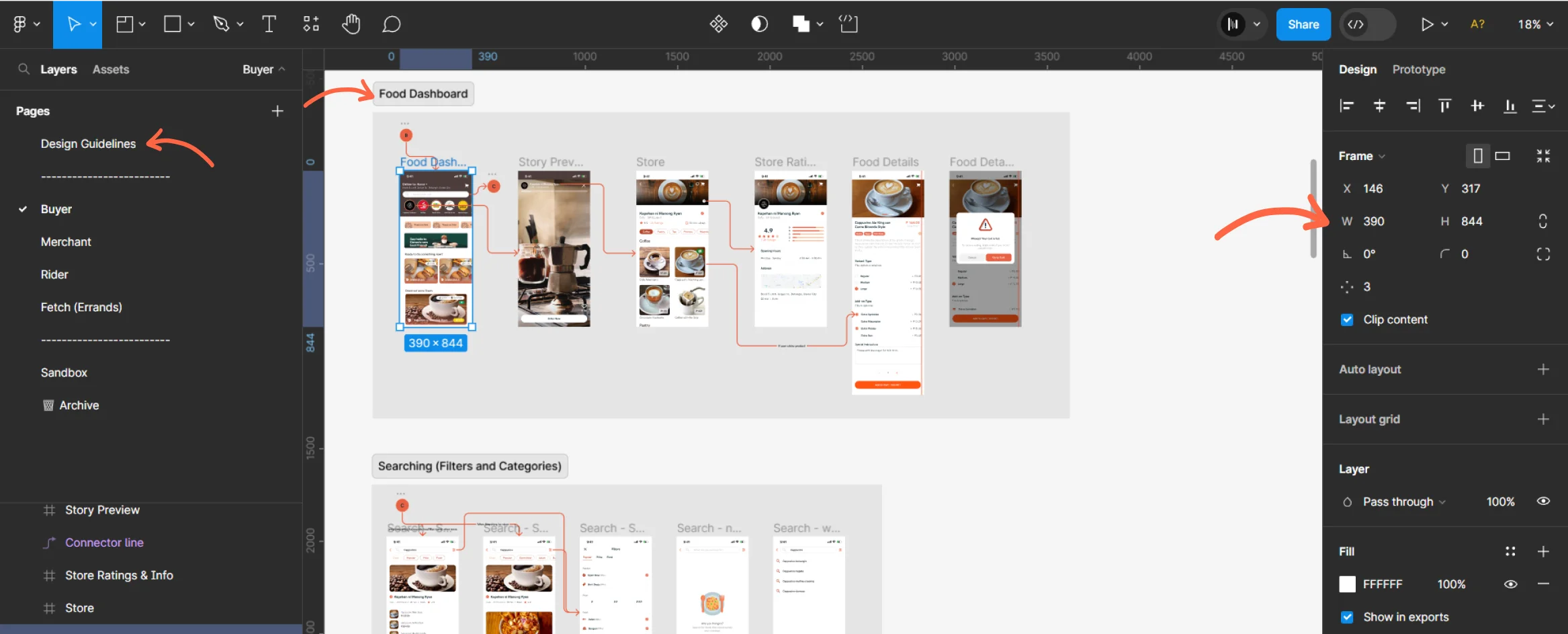Rebuilt Figma file with Design Guidelines page, organized persona sections, and proper 390x844 frames