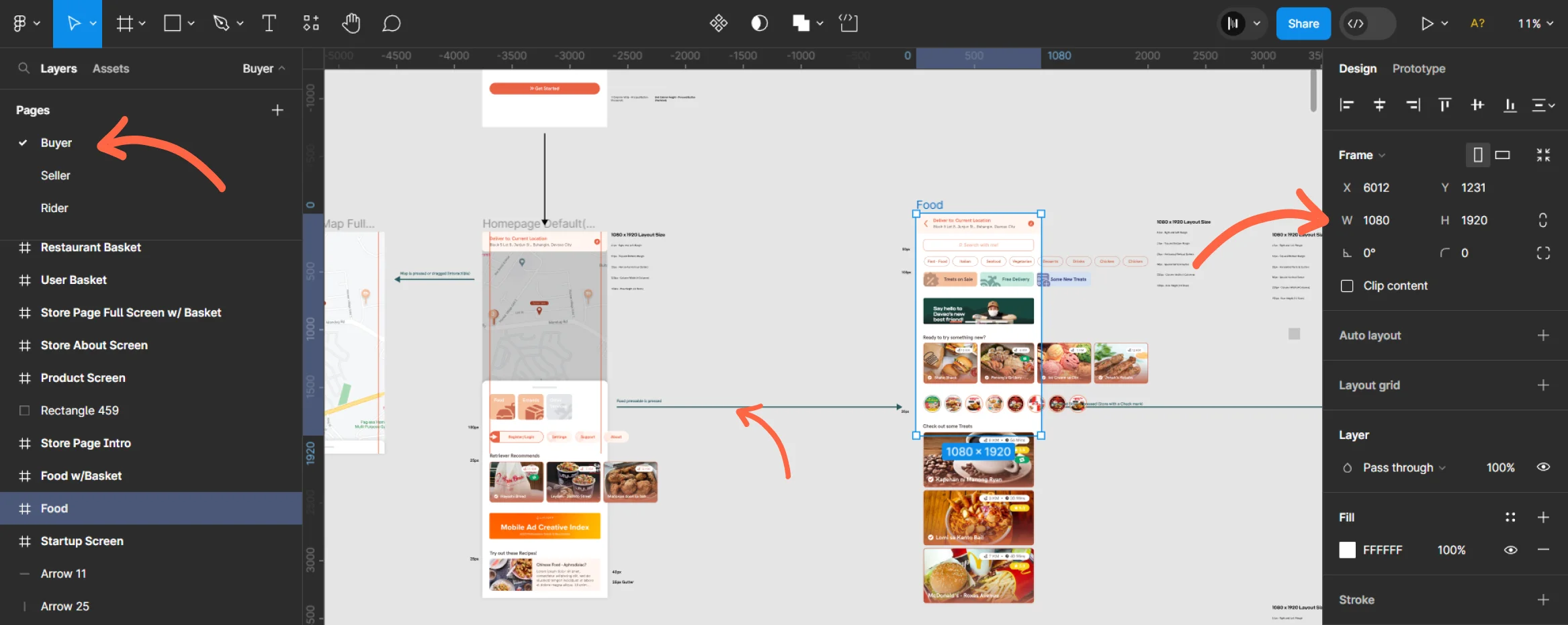 Previous designer's Figma file showing 1080x1920 frames, confusing flow lines, and no brand guidelines