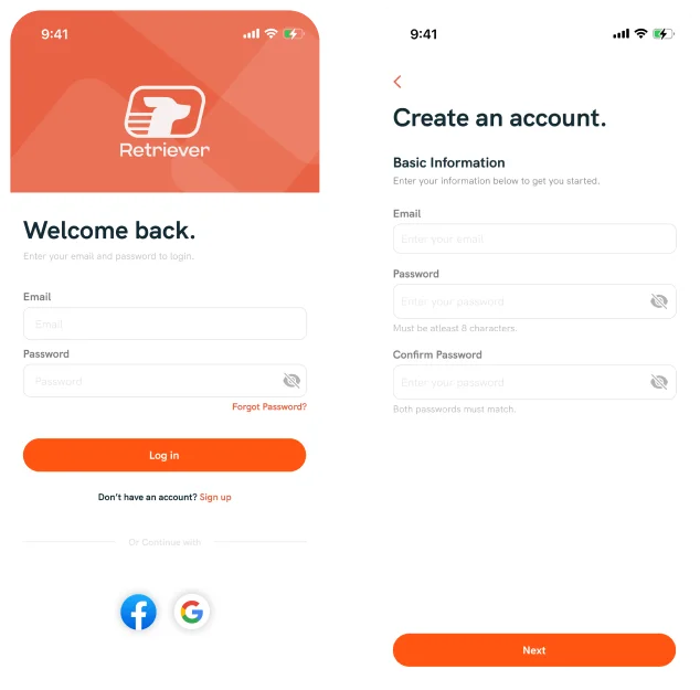 Sign In and Create Account screens