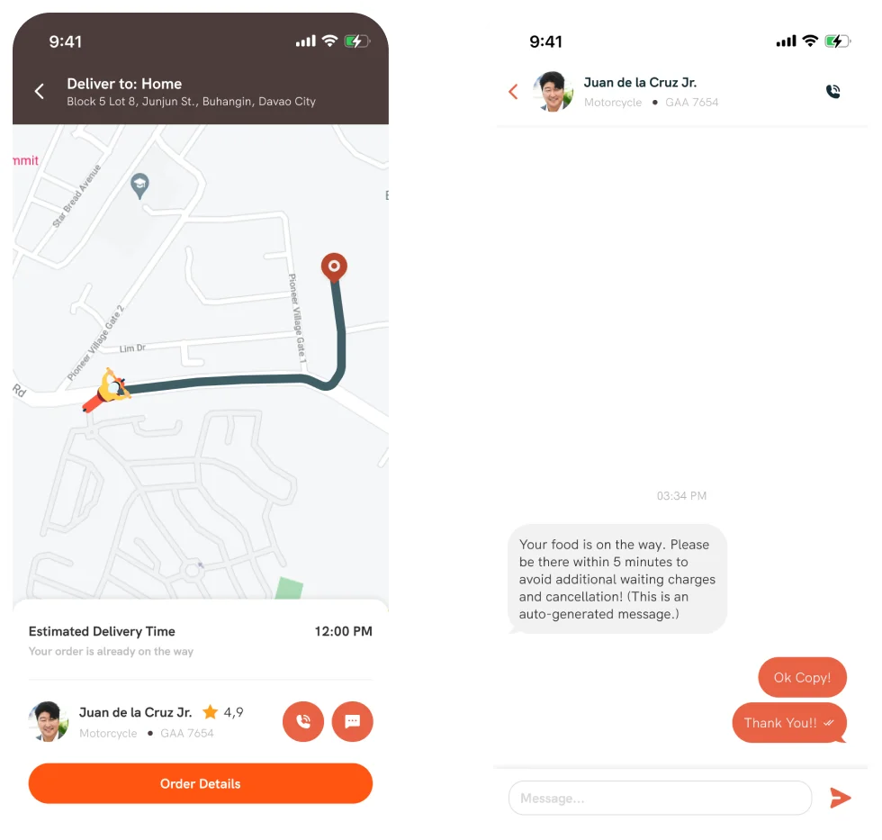 Order tracking map and in-app messaging screens