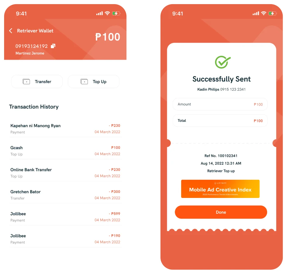 Wallet and transaction receipt screens