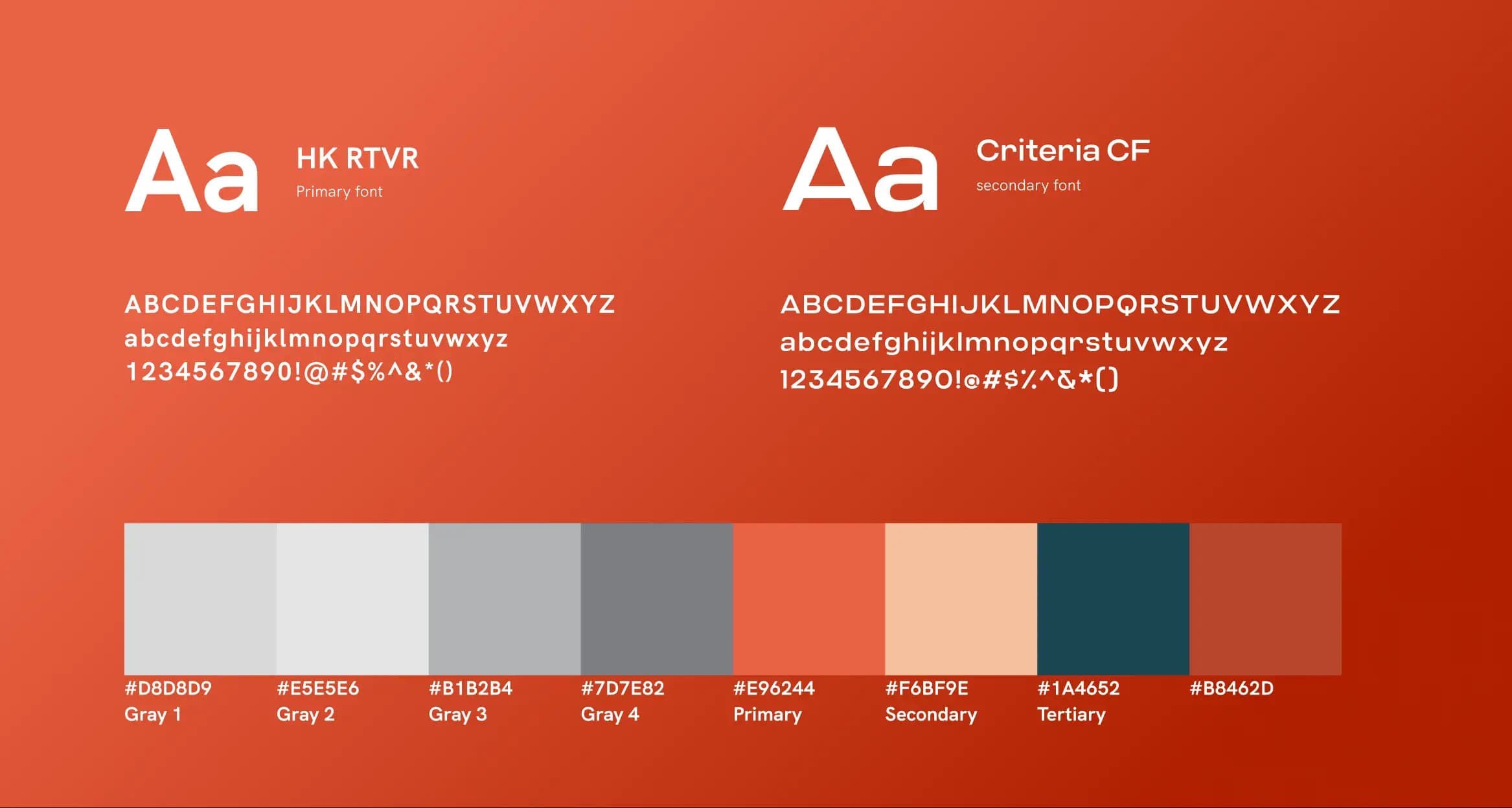 Typography specimens (HK RTVR primary, Criteria CF secondary) and color palette with grays, primary orange, secondary peach, and tertiary teal