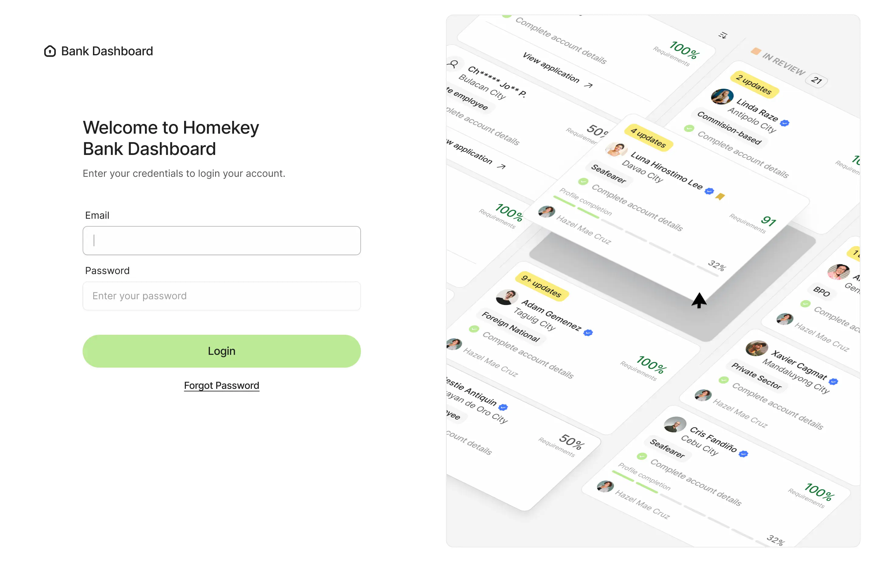 Bank dashboard login