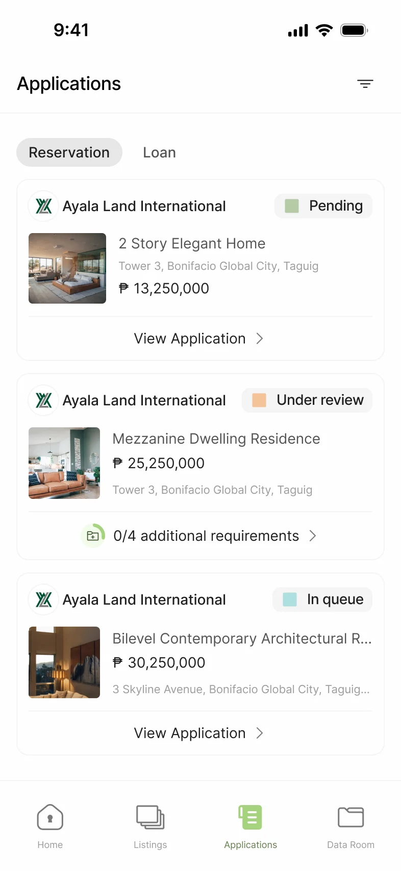 Applications list screen