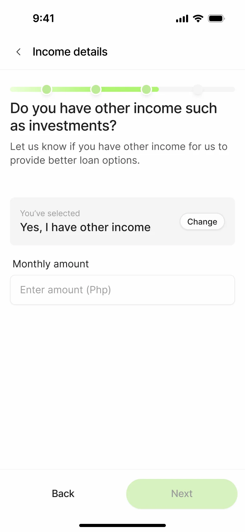 Income details screen