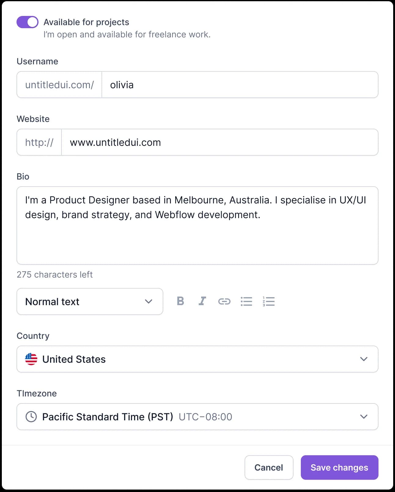 Profile form screenshot