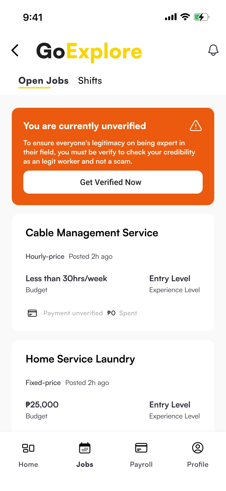 Jobs listing with unverified warning