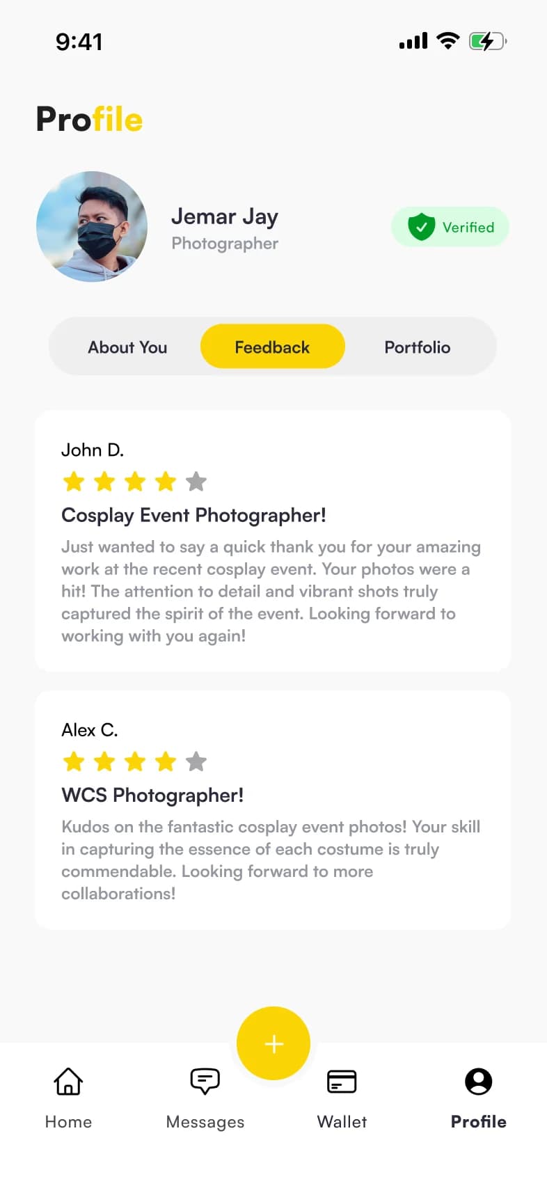 Worker profile with feedback and ratings