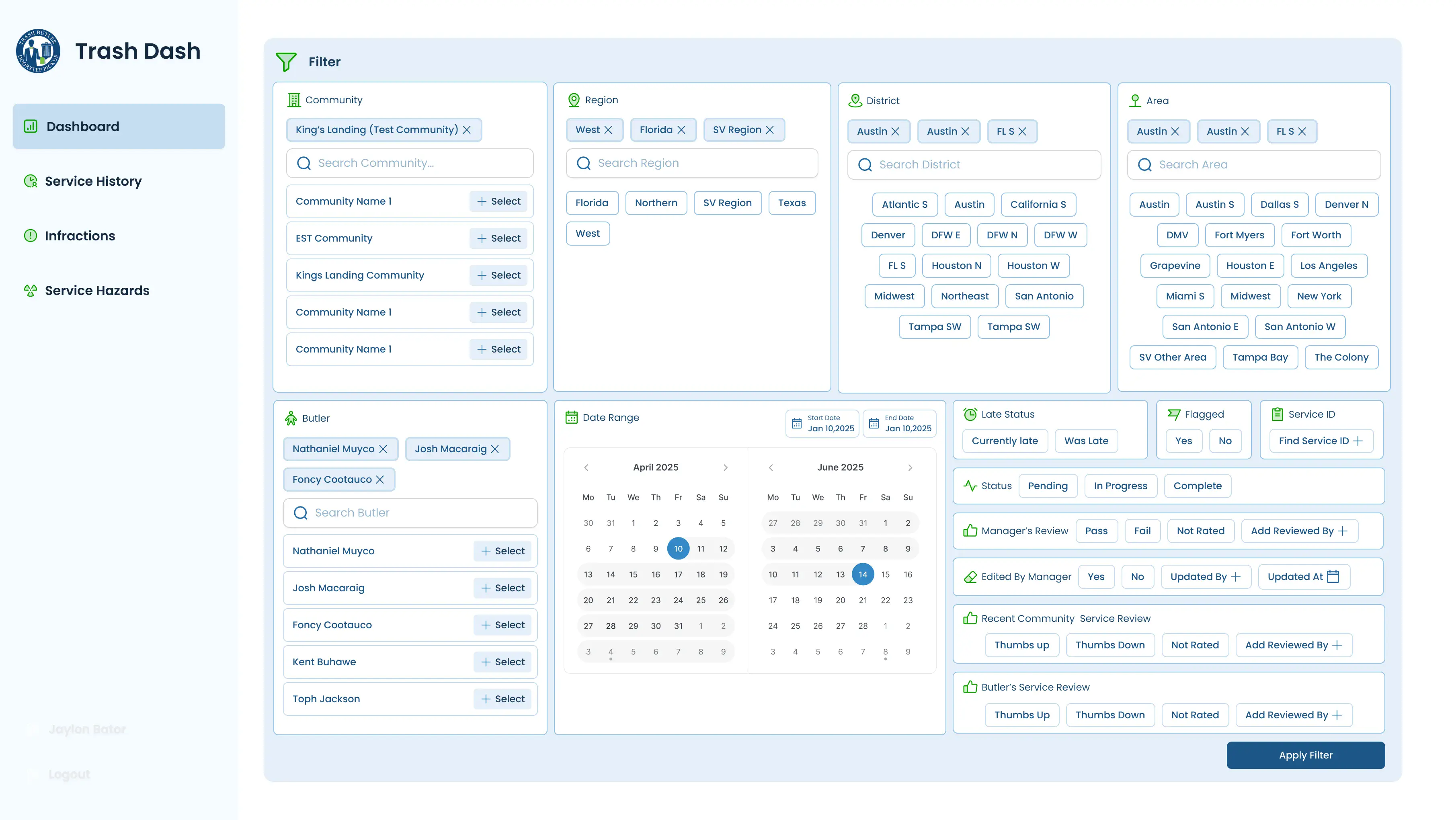 Valet Waste dashboard overview